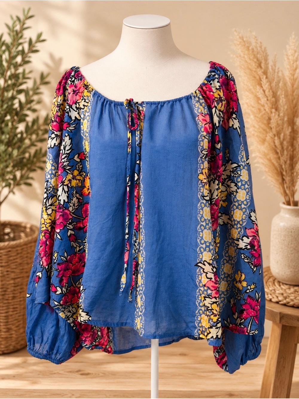 We The Free Floral Off-Shoulder Blouse - Blue with Pink & Yellow Accents